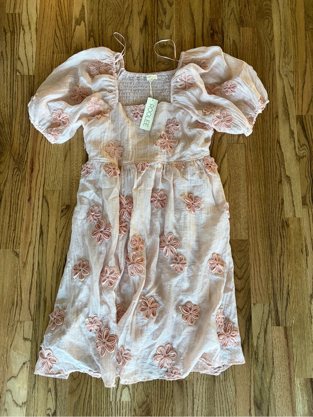 Roolee Women’s' Blush Pink Floral Applique Puff-Sleeve Dress
